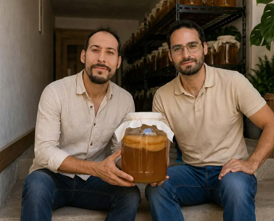 Ricardo y Pablo Romo sosteniendo una jarra de kombucha en Probiotika